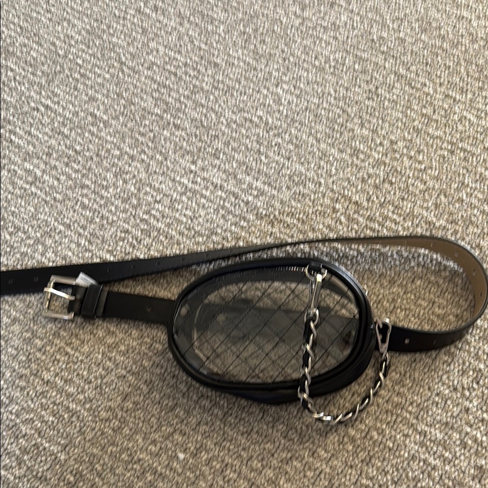Steve Madden Clear Quilted Black Belt Bag with Chain